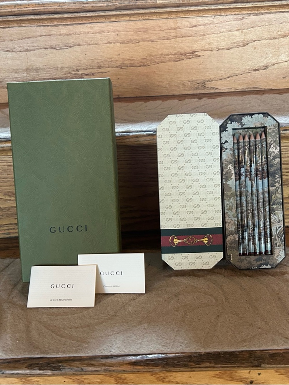 Gucci Green Box with Patterned Pencil Tin and Decorative Pencils